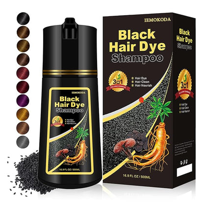Black 3-in-1 Hair Dye for Men & Women - Long-Lasting Gray Hair Coverage, Shampoo Para Canas, Natural Color in Minutes - 16.9 Fl Oz