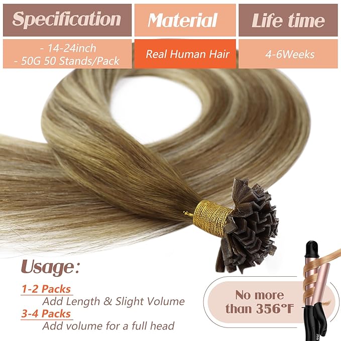 Sunny Hair K Tip Hair Extensions Real Human Hair Chestnut Brown to Platinum Blonde Balayage Keratin Human Hair Extensions 18inch Keratin Bond Hair Extensions Soft 50g