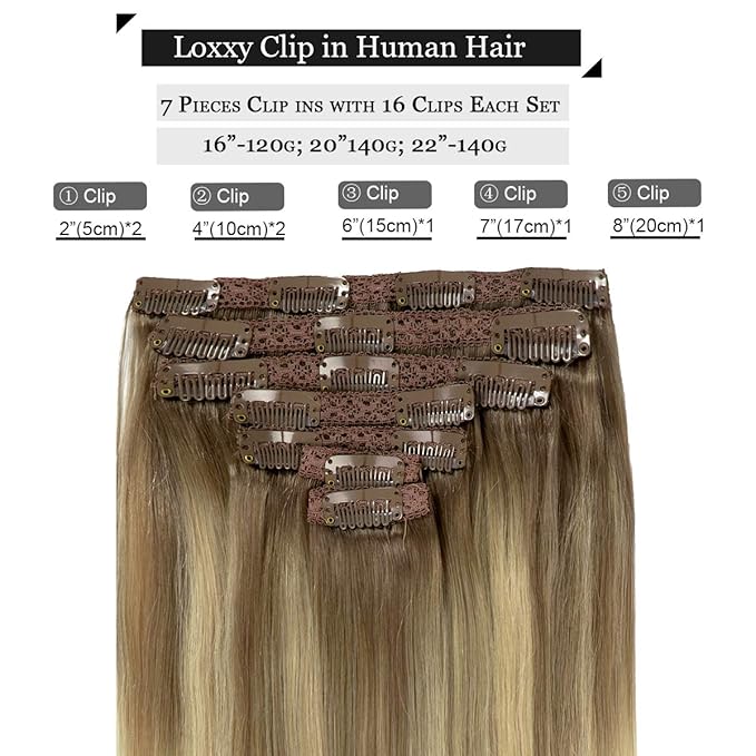 Loxxy 22 Inch Clip in Hair Extensions Remy Human Hair 140g 7pcs 16 Clips Silky Straight 100% Real Balayage Human Hair Extensions in B#8/60 Light Brown Fading to Platinum Blonde Color