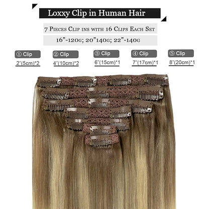 Loxxy 22 Inch Clip in Hair Extensions Remy Human Hair 140g 7pcs 16 Clips Silky Straight 100% Real Balayage Human Hair Extensions in B#8/60 Light Brown Fading to Platinum Blonde Color