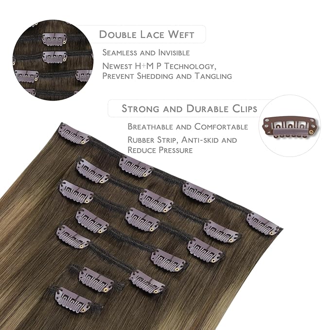 WENNALIFE Clip in Hair Extensions - Real Human Hair, 16 Inch 120g 7pcs, Light Ash Brown to Warm Chocolate Highlighted Caramel Blonde