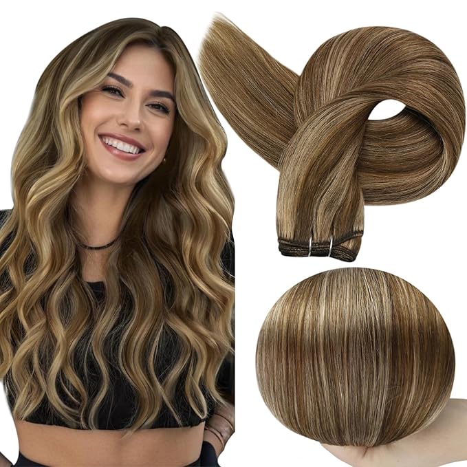 Full Shine Weft Hair Extensions Remy Hair Extensions Highlight Brown Hair Weft Sew In Real Hair Color Brown Highlight Honey Blonde Human Hair Bundles For Women 16 Inch 105G