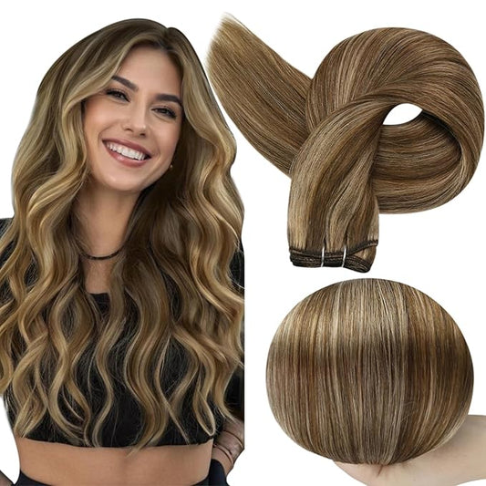 Full Shine Weft Hair Extensions Remy Hair Extensions Highlight Brown Hair Weft Sew In Real Hair Color Brown Highlight Honey Blonde Human Hair Bundles For Women 16 Inch 105G