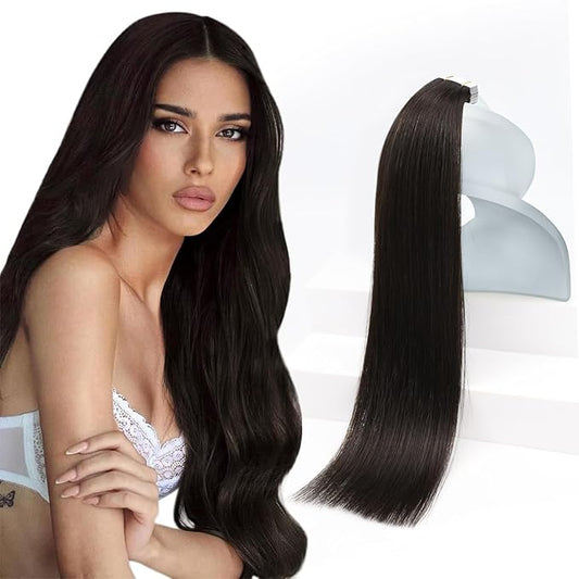 Sunny Hair Tape in Hair Extensions Real Human Hair Invisible Remy Hair Extensions Tape ins for Women Darker Brown 24 inch 20Pcs 50G