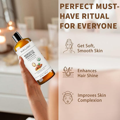 Organic Moroccan Argan Oil 16 Fl Oz, USDA Certified 100% Pure & Natural Carrier Oil For Dry, Damaged Skin, Hair, Face, Body & Scalp Moisturing, Massage Oils for Essential Oils Mixing (473ml)