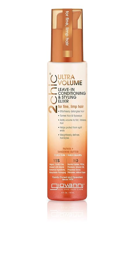 GIOVANNI 2chic Ultra-Volume Leave-In Conditioning & Styling Elixir - Builds Volume, Promotes Weightless Control for Fine/Thin Hair, Volumizing Formula with Papaya & Tangerine Butter, Color Safe - 4 oz