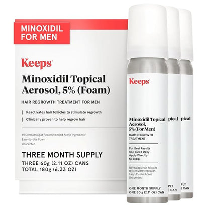 Keeps Extra Strength Minoxidil for Men Topical Aerosol Foam 5%, Hair Growth Treatment - 3 Month Supply (3 x 2.11oz Bottles) - Thicker, Longer Hair - Slows Hair Loss & Promotes Hair Regrowth