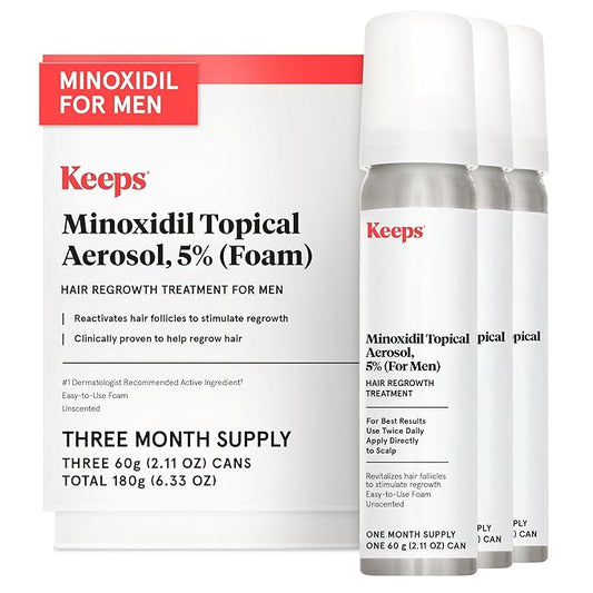 Keeps Extra Strength Minoxidil for Men Topical Aerosol Foam 5%, Hair Growth Treatment - 3 Month Supply (3 x 2.11oz Bottles) - Thicker, Longer Hair - Slows Hair Loss & Promotes Hair Regrowth