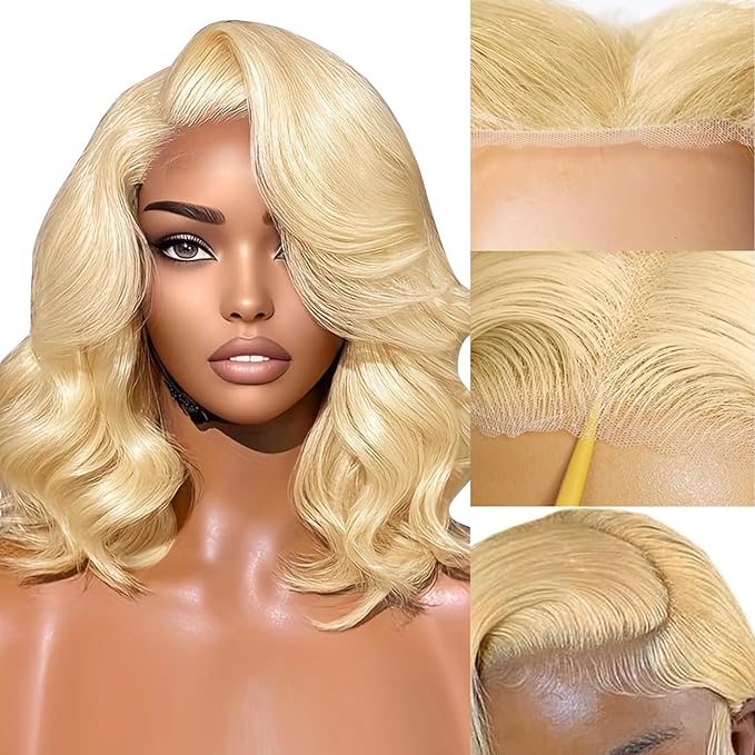 613 Lace Front Wig Human Hair 7×5 Glueless Blonde Body Wave Lace Front Wigs Human Hair Pre Plucked Pre Cut 180% Density Wear And Go Blonde Short Bob Wigs For Women 14inch