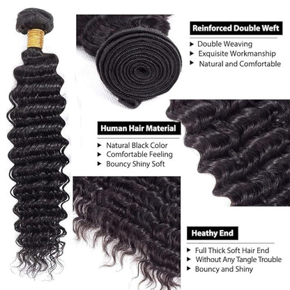 28 30 32 Inch Human Hair Bundles Natural Color Deep Wave Bundles Color #1B Deep Wave Human Hair Bundles Deep Wave Bundles Human Hair Natural Black Deep Wave Human Hair Bundles