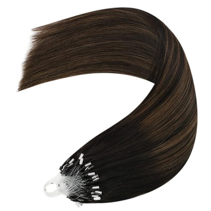 YoungSee Microbead Hair Extensions Brown Micro Loop Hair Extensions Real Human Hair Balayage 18 Inch Micro Ring Hair Extensions Dark Brown Ombre Bead Hair Extensions Silky Straight for Girls 50g 50s