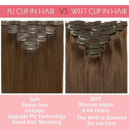 Loxxy Seamless Clip in Hair Extensions Remy Human Hair Chocolate Brown Inviisble PU Hair Extensions Clip in Human Hair Double Weft Silky Straight Thich End #4 7 Pieces 110g 14inch