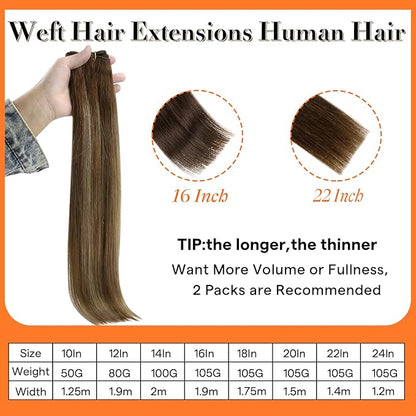 Full Shine Sew In Hair Extensions Real Human Hair Weft Hair Extensions Human Hair Color Brown To Blonde Mix Brown Manchine Tied Weft Human Hair Extensions Silky Hair Short Hair Extensions 14 Inch 100G