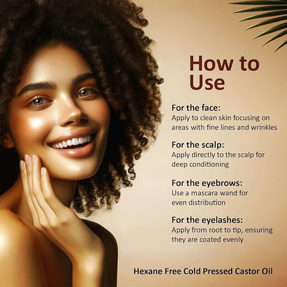 Pure Cold Pressed Castor Oil - Hexane Free, Glass Bottle for Hair Growth, Face, Scalp, Skin & Eyelashes - Nourishing and Moisturizing - 16 fl oz