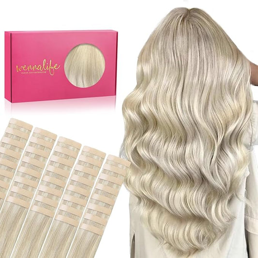 WENNALIFE Tape in Hair Extensions Human Hair, 40pcs 100g 14 inch Ash Blonde Highlighted Platinum Blonde Hair Extensions Real Human Hair Straight Tape in Extensions Invisible Human Hair Extensions