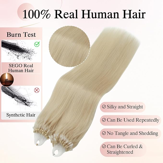 Micro Link Hair Extensions Human Hair for Women - Silky Straight Natural Bead/Loop/Ring Extensions - 50g/100 Stands 14" Platinum Blonde