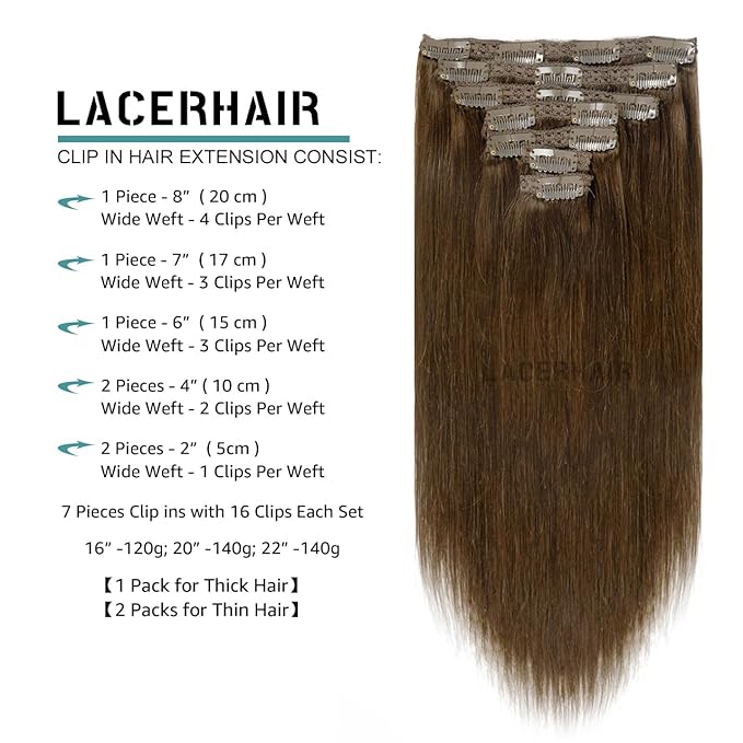 Lacer Hair Extensions Clip In Real Human Hair Extensions 120g 7 Pieces Silky Straight Weft Remy Human Hair Clip in Hair Extensions Chocolate Brown #4 14 Inch