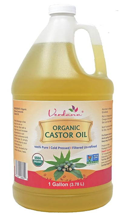 Verdana Organic Castor Oil – 1 Gallon Bulk – USDA Organic, Cold Pressed, Hexane-Free – For Hair Growth, Eyelashes, Skin & Castor Oil Packs