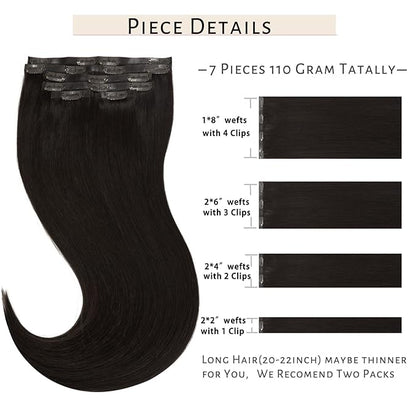 Caliee Seamless Clip in Hair Extensions Human Hair Natural Remy Hair Soft Silky Straight Color 2 Dark Brown Hair Extensions 7 Pcs 16 Inch 110 G Clip on Real Hair Gift for Women