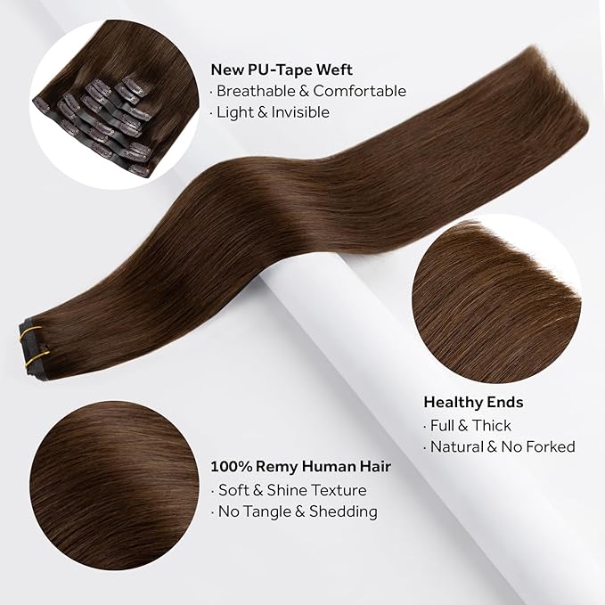 Clip in Hair Extensions Real Human Hair Chocolate Brown Seamless Clip In 100% Straight Remy Hair Extensions PU Skin Weft Add Volume for Women #4A 20Inch 120G 8PCS