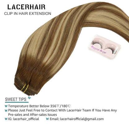Lacer 18 Inch Highlight Clip in Hair Extensions Chocolate Brown to Caramel Blonde Remy Clip in Human Hair Extensions Straight Balayage Real Natural Hair Extensions 120g 7pcs