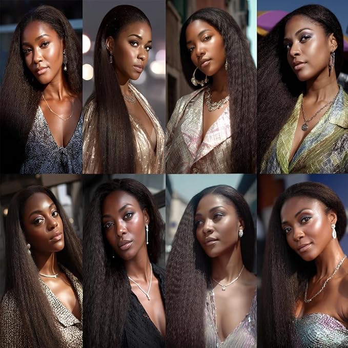 #1B Yaki Human Hair Bundles Natural Color Kinky Straight Bundles Brazilian Human Hair Extensions Soft and Silky for Women Kinky Straight 20 22 24 Inch