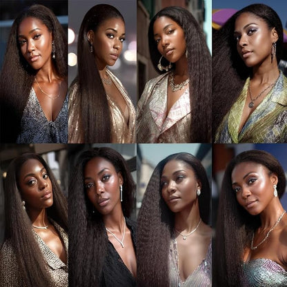 #1B Yaki Human Hair Bundles Natural Color Kinky Straight Bundles Brazilian Human Hair Extensions Soft and Silky for Women Kinky Straight 20 22 24 Inch