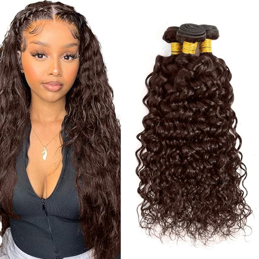 #4 Brown Bundles Human Hair Water Wave Bundles 12 12 12 Inch Human Hair Weave 3 Bundle Unprocessed Brazilian Virgin Hair Chocolate Brown Deep Curly Human Hair Extensions 50 Grams/Bundle