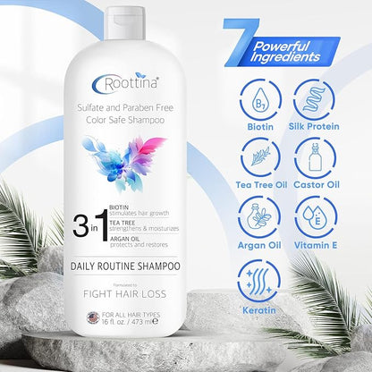 Fights Hair Loss, Roottina Daily Routine Shampoo, Strengthens and Fortifies, Promotes Hair Growth, Hair Thickening Shampoo with DHT Blockers, Coconut and Vanilla Scent, Made in USA (16 fl oz)
