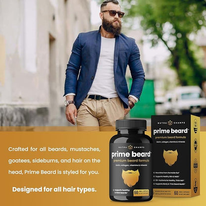 NutraChamps Prime Beard Vitamins | Manly, Thick, Fast & Healthy Facial Hair for Men | Beard Vitamins with Biotin, Collagen & Saw Palmetto | Beard Pills for All Hair & Beard Types