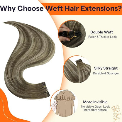 Full Shine Weft Hair Extensions Human Hair Sew In Extensions Remy Hair Color 7/7/800 Ash Brown To Blonde Mix Brown Hair Extensions Sew In Machine Tied Weft Soft Silky Hair 14 Inch 100G