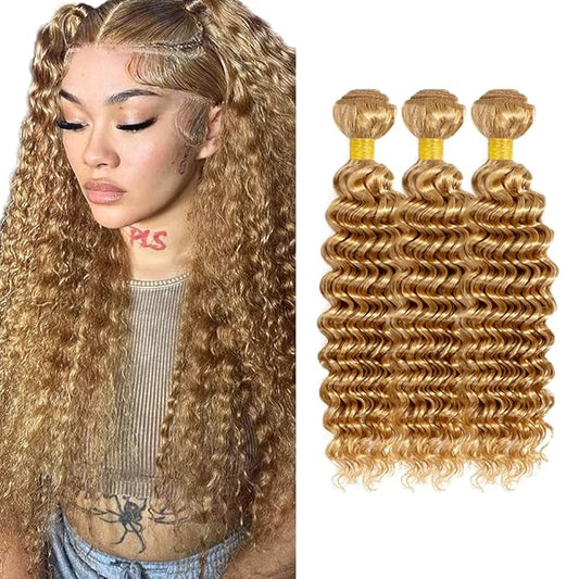 #27 Honey Blonde Bundles Human Hair Deep Wave Bundles 24 26 28 Inch Unprocessed Brazilian Virgin Hair Weave 3 Bundles 50 Grams Per Bundle Blonde Human Hair Extensions For Women