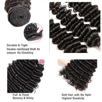 #1B Human Hair Bundles Deep Wave Bundles 16 Inch Unprocessed Brazilian Virgin Hair Weave 1 Bundle 50 Grams Per Bundle Natural Color Bundle Human Hair Extensions