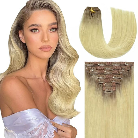 Lacer Blonde Clip in Extensions Real Human Hair Platinum Blonde with Lightest Brown Roots Human Hair Clip Ins 120G with 16 Clips 7Pcs 18 Inch