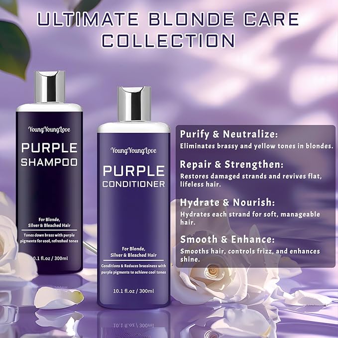 Purple Shampoo & Conditioner Set for Blonde, Silver, Brown, Bleached & Highlighted Hair - Tones Brassiness, Restores Damaged Hair, Deeply Hydrates & Enhances Shine - Color-Safe, 2 x 10.1 oz