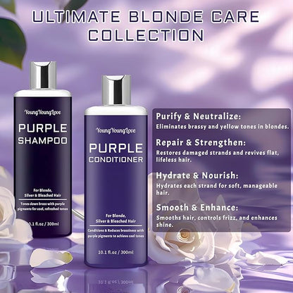 Purple Shampoo & Conditioner Set for Blonde, Silver, Brown, Bleached & Highlighted Hair - Tones Brassiness, Restores Damaged Hair, Deeply Hydrates & Enhances Shine - Color-Safe, 2 x 10.1 oz