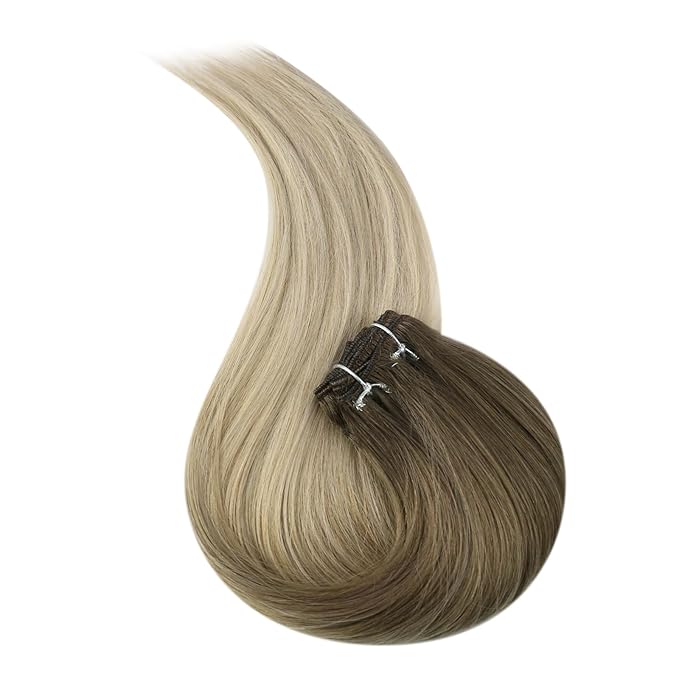 Full Shine Weft Hair Extensions Huam Hair Ombre Sew In Hair Extensions Real Human Hair Sew In Human Hair Bundles Balayage Brown To Ash Blonde Mix Platinum Blonde Weft Extensions 12 Inch 80G