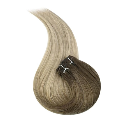 Full Shine Weft Hair Extensions Huam Hair Ombre Sew In Hair Extensions Real Human Hair Sew In Human Hair Bundles Balayage Brown To Ash Blonde Mix Platinum Blonde Weft Extensions 12 Inch 80G