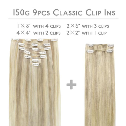 WENNALIFE Hair Extensions Clip In, 9pcs 16inch 150g Ash Blonde Highlighted Platinum Blonde Thicker Clip In Hair Extensions Real Human Hair Remy hair extension Double Weft Clip in Human Hair Extensions