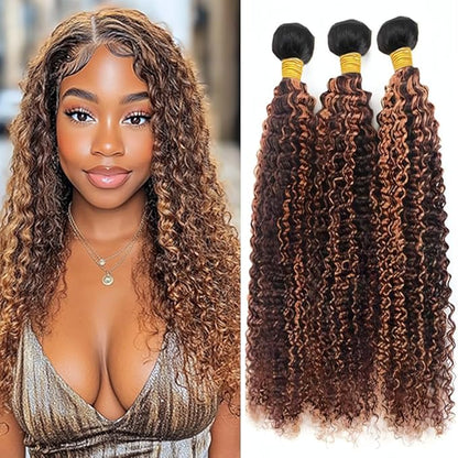 Ombre 1BP430 Highlight Curly Bundles Brown and Light Brown Curly Bundles two tone Double Weft Brazilian Human Hair Soft and Silky for Black Women 20 22 24 Inch
