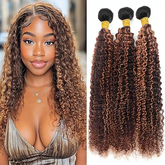 Ombre 1BP430 Highlight Curly Bundles Brown and Light Brown Curly Bundles two tone Double Weft Brazilian Human Hair Soft and Silky for Black Women 20 22 24 Inch