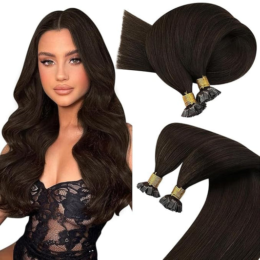 Sunny Hair Flat Tip Hair Extensions Darkest Brown Flat Tip Extensions Human Hair Keratin Bond Flat Tip Hair Extensions Long Brown Prebonded Flat Tips Hair Extensions Hot Fusion 50g/pack 22inch