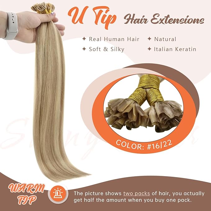 Sunny Golden Blonde U Tip Hair Extensions 18in U Tip Hair Extensions Human Hair Ash Blonde Highlights Light Blonde Utip Human Hair Extensions Hot Fusion Ktip Human Hair Extensions Soft Silky 50g/s