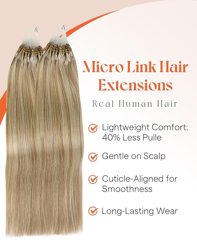 Sunny Hair Microlink Hair Extensions Human Hair Natural Micro Loop Extensions Dark Ash Blonde Highlights Light Blonde Micro Ring Soft Microbead Hair Extensions Show Charm 16inch 50g