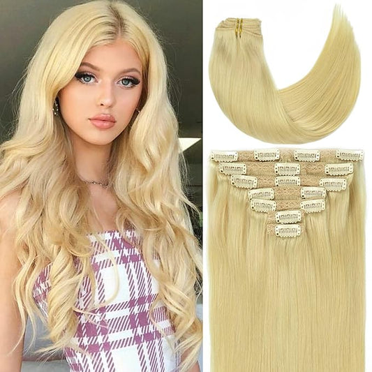Caliee Hair Extensions Human Hair Bleach Blonde Color Silky Straight Clip in Extensions Invisible Double Weft for Women Full Head Seamless Hair Extensions 120g 16inch