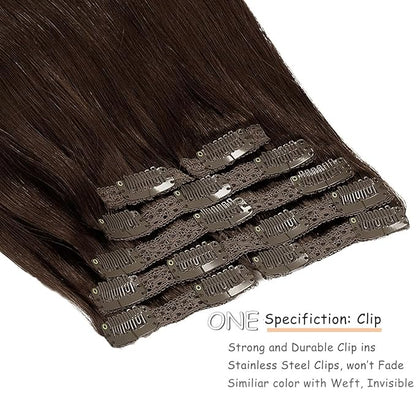 Caliee Remy Clip in Hair Extensions Human Hair 2A Light Dark Brown 140G 7PCS Hair Extensions Clip in Human Hair Silky Straight Short Thick Real Hair Extensions for Women 22Inch