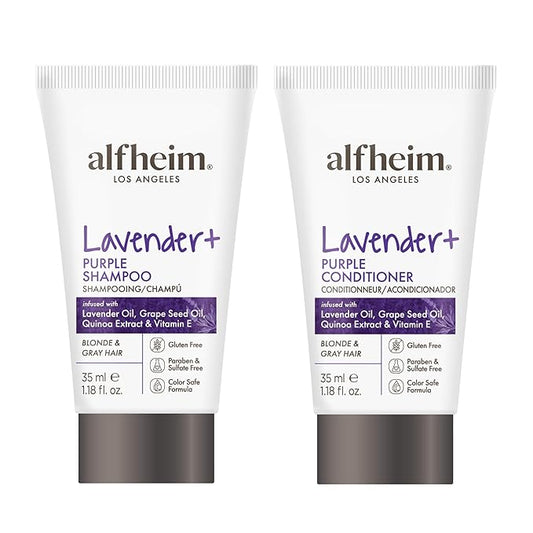 ALFHEIM Lavender+ Purple Shampoo & Conditioner Travel Set | Tone-Correcting for Blonde, Silver & Gray Hair | Neutralizes Brass & Yellow Tones | Moisturizes, Protects Color & Adds Shine | 1.18oz*2