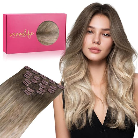WENNALIFE Clip in Hair Extensions Real Human Hair, 18 Inch g 7pcs Balayage Sandy Brown to Platinum Blonde Remy Hair Straight Natural Extensiones De Cabello Humano Con Clip Ins