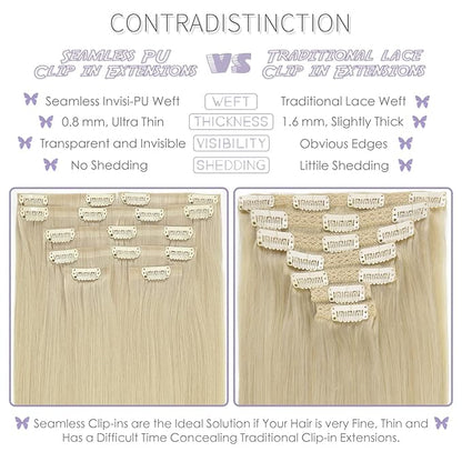 Lacer Hair Ultra Seamless Real Hair Extensions Clip in Human Hair 9A Grade Remy Hair Super Invisible Double Side PU Skin Weft Comfortable Clip Ins for Women 7 Pcs 110g 16 Inch #60A Platinum Blonde