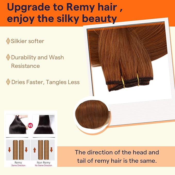 Full Shine Copper Hair Extensions Sew In Hair Extensions Real Human Hair For Women Color Copper Brown Double Weft Extensions Remy Straight Hair Invisible Sew In Extensions 14 Inch 100G